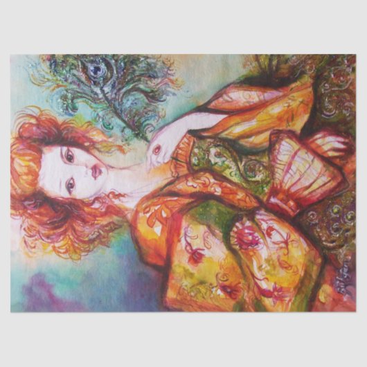 ROMANTISCHE FRAU MIT SPARKLING-PEACOCK-FEATHER SEIDENPAPIER (Vorderseite)