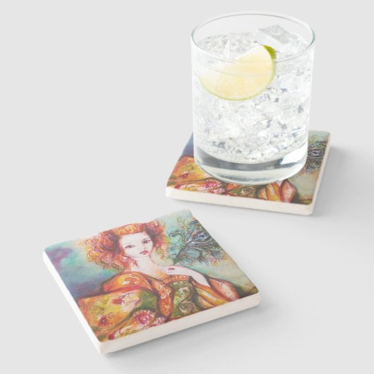 ROMANTISCHE FRAU MIT SPARKLING-PEACOCK-FEATHER STEINUNTERSETZER (Seitenansicht)