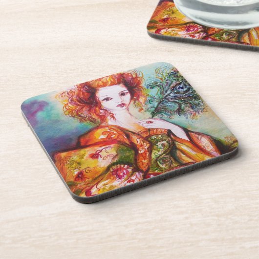 ROMANTISCHE FRAU MIT SPARKLING-PEACOCK-FEATHER UNTERSETZER (Linke Seite)