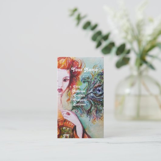 ROMANTISCHE FRAU MIT SPARKLING-PEACOCK-FEATHER VISITENKARTE (Stehend Vorderseite)