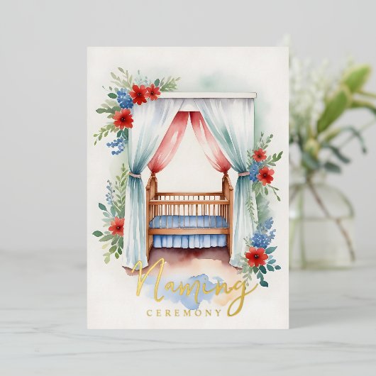 Romantische fröhliche Crib Naming Zeremonie Gold Folieneinladung (Stehend vorne)