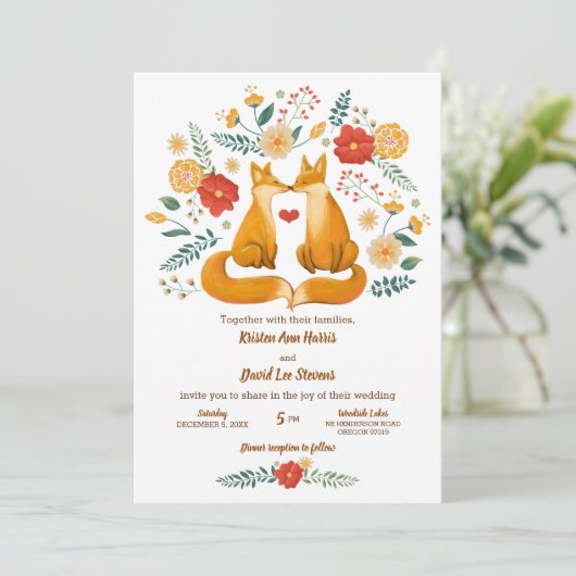Romantische Füchse und rustikale Blätter Einladung (Stehend Vorderseite)