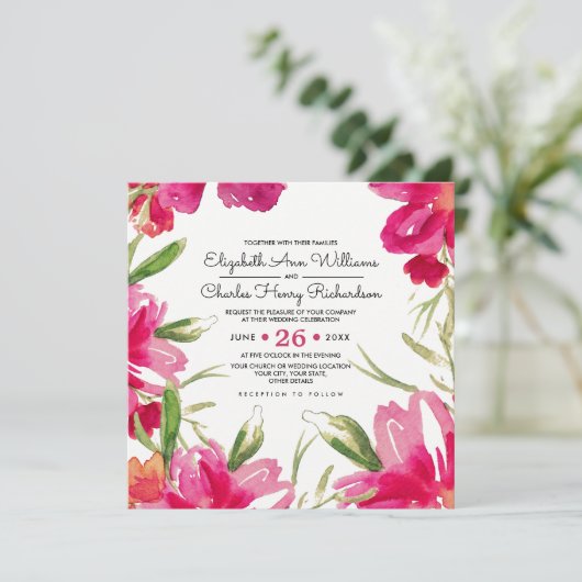 Romantische Fuchsia Bläserschwarze Streifen Hochze Einladung (Stehend Vorderseite)