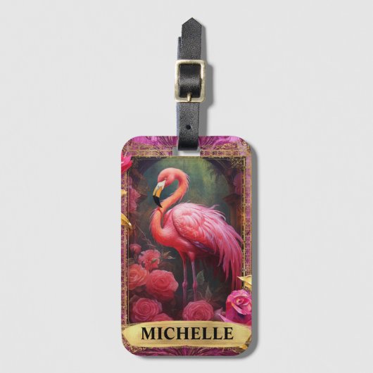 Romantische Fuchsia Flamingo und Rose Gepäckanhänger (Vorderseite Vertikal)