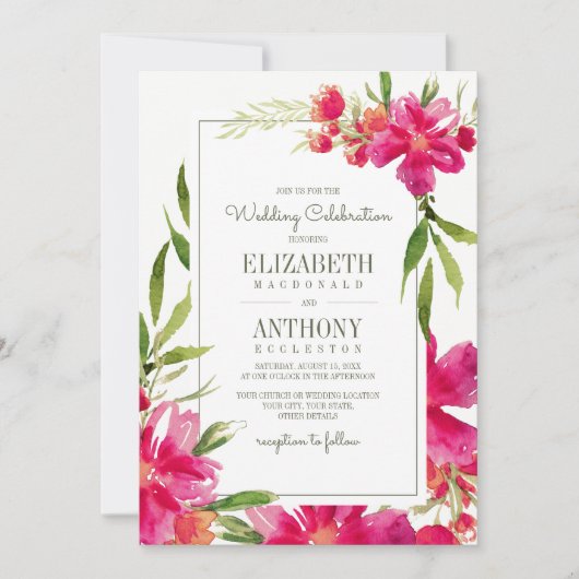 Romantische Fuchsia Grüne Wasserfarbenhochzeit I Einladung (Vorderseite)