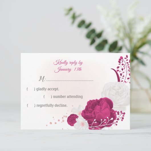romantische Fuchsie und weiße Blume botanisch RSVP Karte (Stehend Vorderseite)