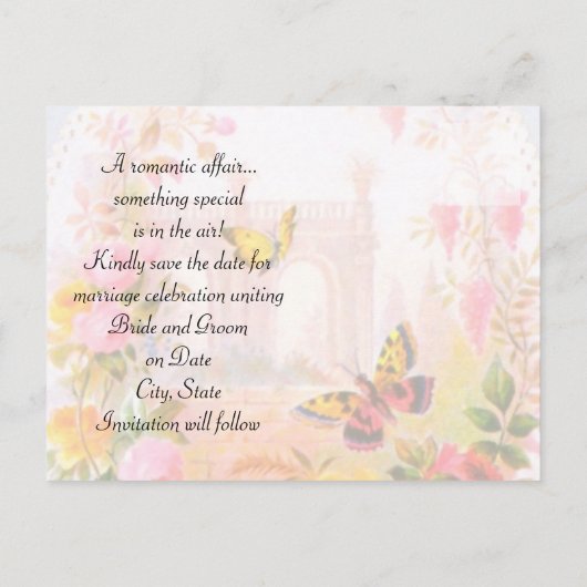 Romantische Gartenhochzeit Save the Date Ankündigungspostkarte (Rückseite)