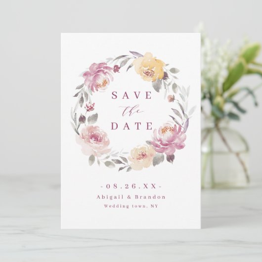 Romantische Gartenmauve Blumenhochzeit Save The Date (Stehend Vorderseite)