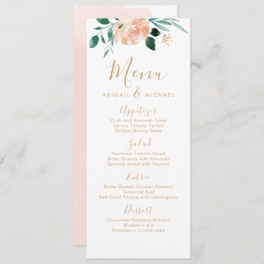 Romantische Gartenpfirsiche Hochzeitsmenü Menükarte (Vorne/Hinten)