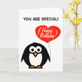 Romantische Geburtskarte | Pinguin und Herzballon Karte (Gelbe Blume)