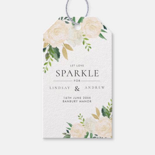 Romantische Glitzer-Rose Wedding Sparkler Tag Geschenkanhänger (Vorderseite)
