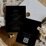 Romantische Gold Black Monogram QR Code Back Weddi Einladung<br><div class="desc">Diese romantische goldene schwarze Monogramm QR Code zurück Hochzeitseinladung ist perfekt für eine einfache Hochzeit. Das moderne klassische Design besticht durch extravagante Wirbel und skurrile Schnörkel mit herrlich eleganten, handgezeichneten Imitaten, die auf Champagner-Goldfolie-Typografie setzen. Rett Papier durch einen QR-Code für den Gast, um Details, UAWG oder beides anzuzeigen. Bitte beachten...</div>