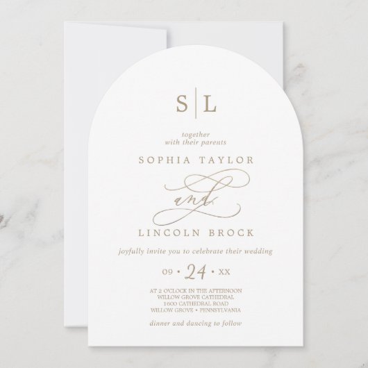 Romantische Gold Monogram Doppelseitige Arch-Hochz Einladung (Vorderseite)