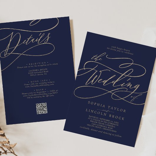 Romantische Gold- und Navy-Hochzeit in einem QR-Co Einladung