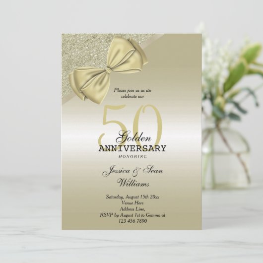 Romantische Goldbucht & Glitzer 50. Hochzeit Einladung (Stehend Vorderseite)