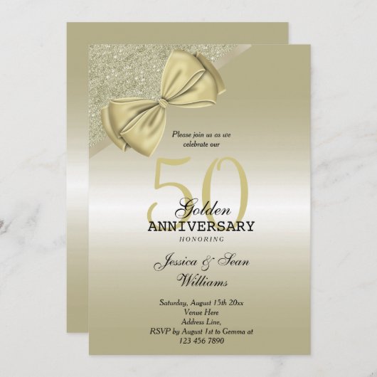 Romantische Goldbucht & Glitzer 50. Hochzeit Einladung (Vorne/Hinten)