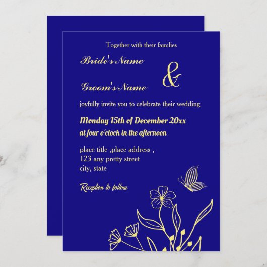 Romantische goldene Blume königsblau Einladung (Vorne/Hinten)