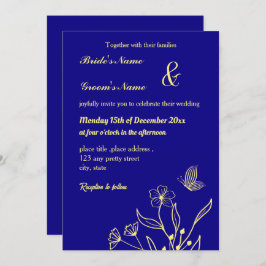 Romantische goldene Blume königsblau Einladung