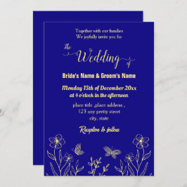 Romantische goldene Blume königsblau Einladung