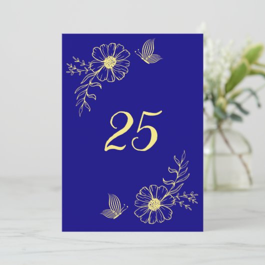 Romantische Goldene Blume Königsblaue Tischnummer (Stehend Vorderseite)