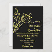 Romantische goldene Blume schwarz Einladung (Vorderseite)