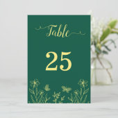 Romantische Goldene Blume smaragdfarbene Tischnumm Einladung (Stehend Vorderseite)