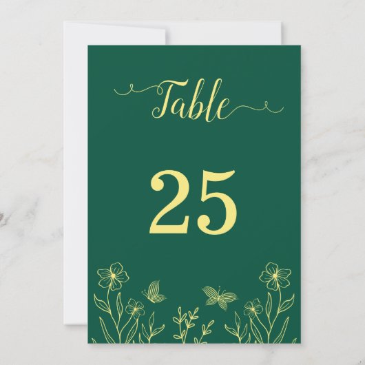 Romantische Goldene Blume smaragdfarbene Tischnumm Einladung (Rückseite)