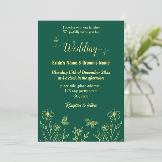 Romantische goldene Blume smaragdgrün Einladung (Stehend Vorderseite)