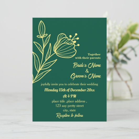 Romantische goldene Blume smaragdgrün Einladung (Stehend Vorderseite)