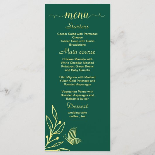 Romantische Goldene Blume smaragdgrüne Hochzeit Menükarte (Vorderseite)