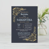 Romantische goldene florale Navy Blue Planer Gebur Einladung (Stehend Vorderseite)
