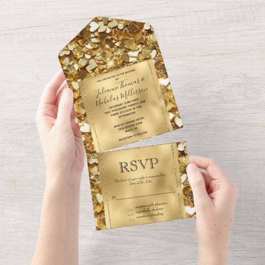 Romantische Goldene Glam Glitzy Sparkle Herz Hochz All In One Einladung (Abreißen)