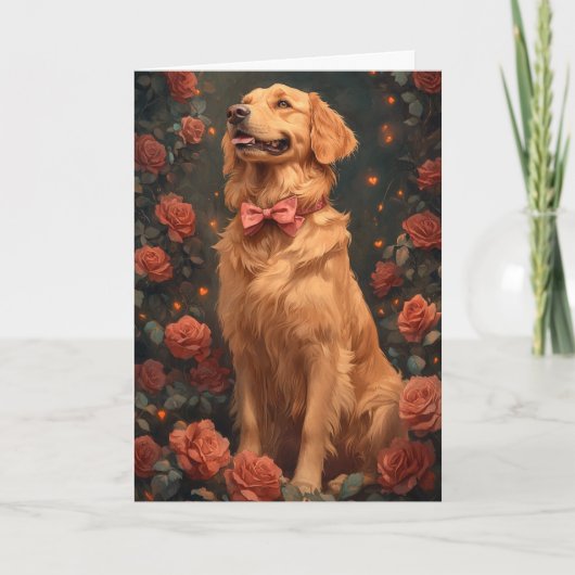 Romantische Goldene Retriever Valentinstag Rose Karte (Vorderseite)