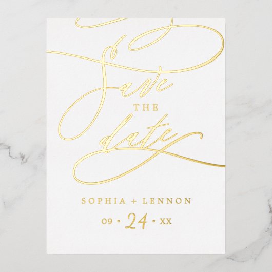 Romantische Goldfohlen-Kalligraphie Save the Date Folie Einladungspostkarte (Vorderseite)
