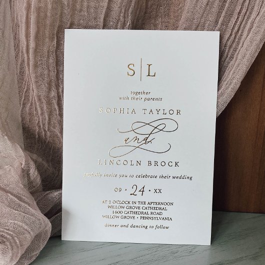 Romantische Goldfoil-Kalligrafie-Monogramm-Hochzei Folieneinladung
