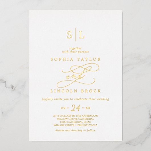 Romantische Goldfoil-Kalligrafie-Monogramm-Hochzei Folieneinladung (Vorderseite)