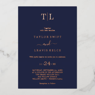 Romantische Goldfolie Navy Blau Monogramm Hochzeit Folieneinladung