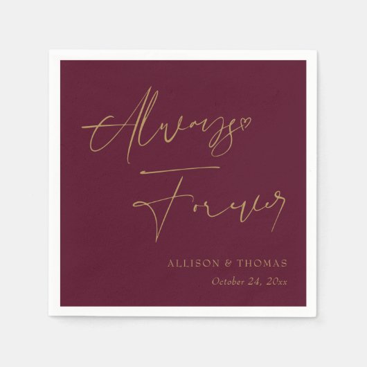 Romantische Goldhandschrift auf Burgunder Hochzeit Serviette (Vorderseite)