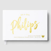 Romantische Goldherz Nachname in Script Wedding Gästebuch (Vorderseite)