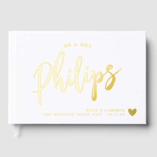 Romantische Goldherz Nachname in Script Wedding Gästebuch (Vorderseite)