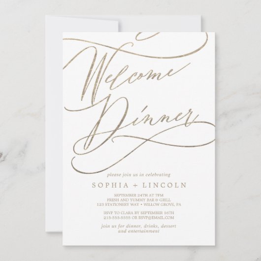 Romantische Goldkalligrafie Begrüßungsessen Einladung (Vorderseite)