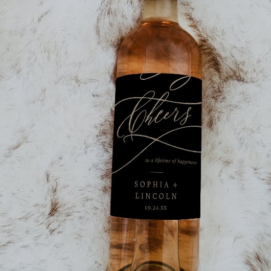 Romantische Goldkalligrafie | Black Cheers Wedding Weinetikett