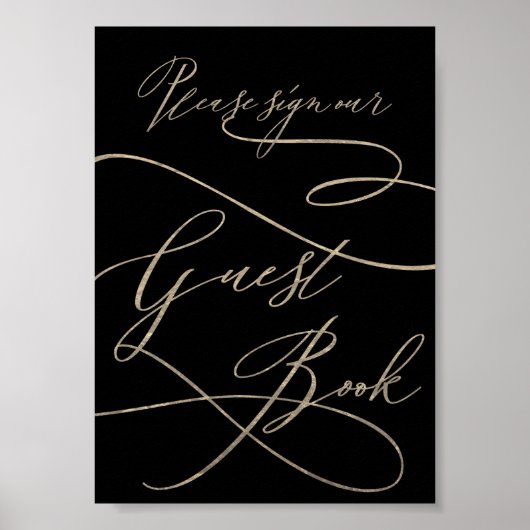 Romantische Goldkalligrafie | Black Guest Book Sig Poster (Vorne)