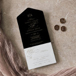 Romantische Goldkalligrafie | Black Monogram Weddi All In One Einladung<br><div class="desc">Diese romantische goldene kalligraphische schwarze monogramm Hochzeit in einer Einladung ist perfekt für eine einfache Hochzeit. Das moderne klassische Design besticht durch extravagante Wirbel und skurrile Schnörkel mit herrlich eleganten, handgezeichneten Imitaten, die auf Champagner-Goldfolie-Typografie setzen. Schreiben Sie Ihre Gastadressen auf der Rückseite der gefalteten Einladung, oder kaufen Sie koordinierende Gästetiketten-Aufkleber...</div>