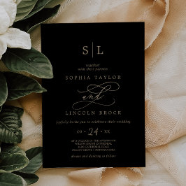 Romantische Goldkalligrafie | Black Monogram Weddi Einladung