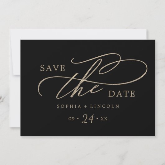 Romantische Goldkalligrafie Black QR Code Horizont Save The Date (Vorderseite)