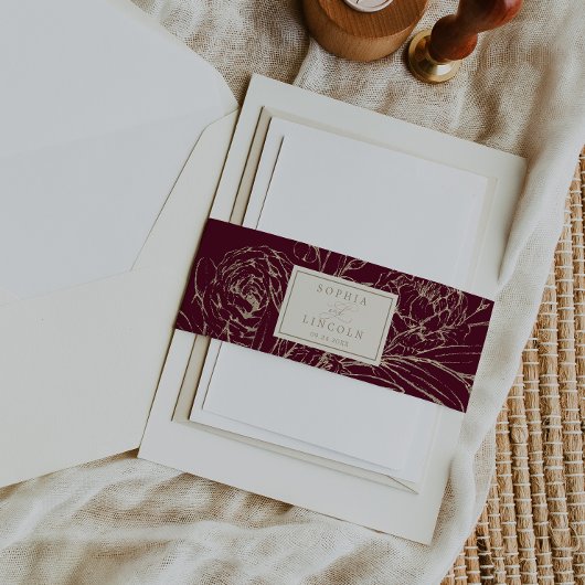 Romantische Goldkalligrafie Burgund Blumenhochzeit Einladungsbanderole