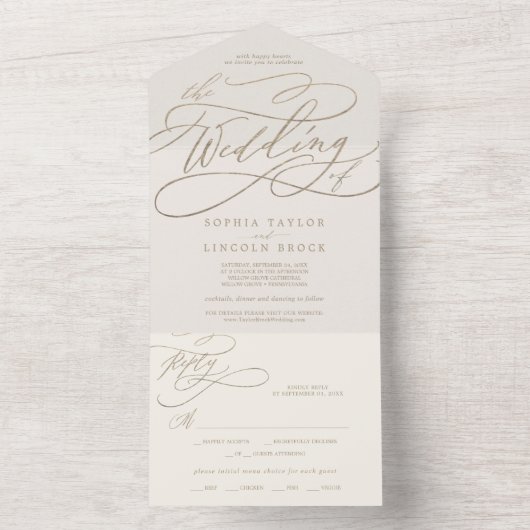 Romantische Goldkalligrafie | Elfenbeinkühe All In One Einladung (Innen Boden)