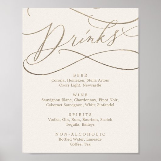 Romantische Goldkalligrafie | Ivory Drink Menu Sig Poster (Vorne)