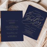 Romantische Goldkalligrafie-Marine Einladung<br><div class="desc">Diese romantische Goldkalligraphie-Marine in einer Hochzeitseinladung ist perfekt für eine einfache Hochzeit. Das moderne klassische Design besticht durch extravagante Wirbel und skurrile Schnörkel mit herrlich eleganten, handgezeichneten Imitaten, die auf Champagner-Goldfolie-Typografie setzen. Rett Papier, indem man die Details auf der Rückseite der Hochzeitseinladung statt auf einer separaten Kapselkarte angibt. Geben Sie...</div>